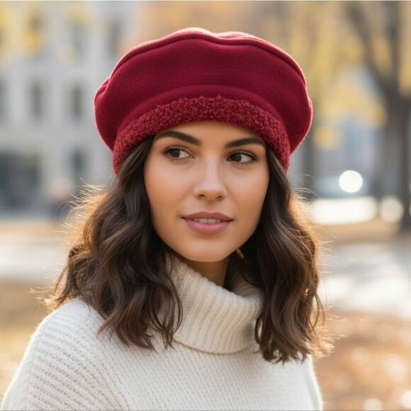 Genevieve Dostaler Canada Deep Red Boucle Edging Lined Warm Chic Beret Style Hat - Picture 1 of 10